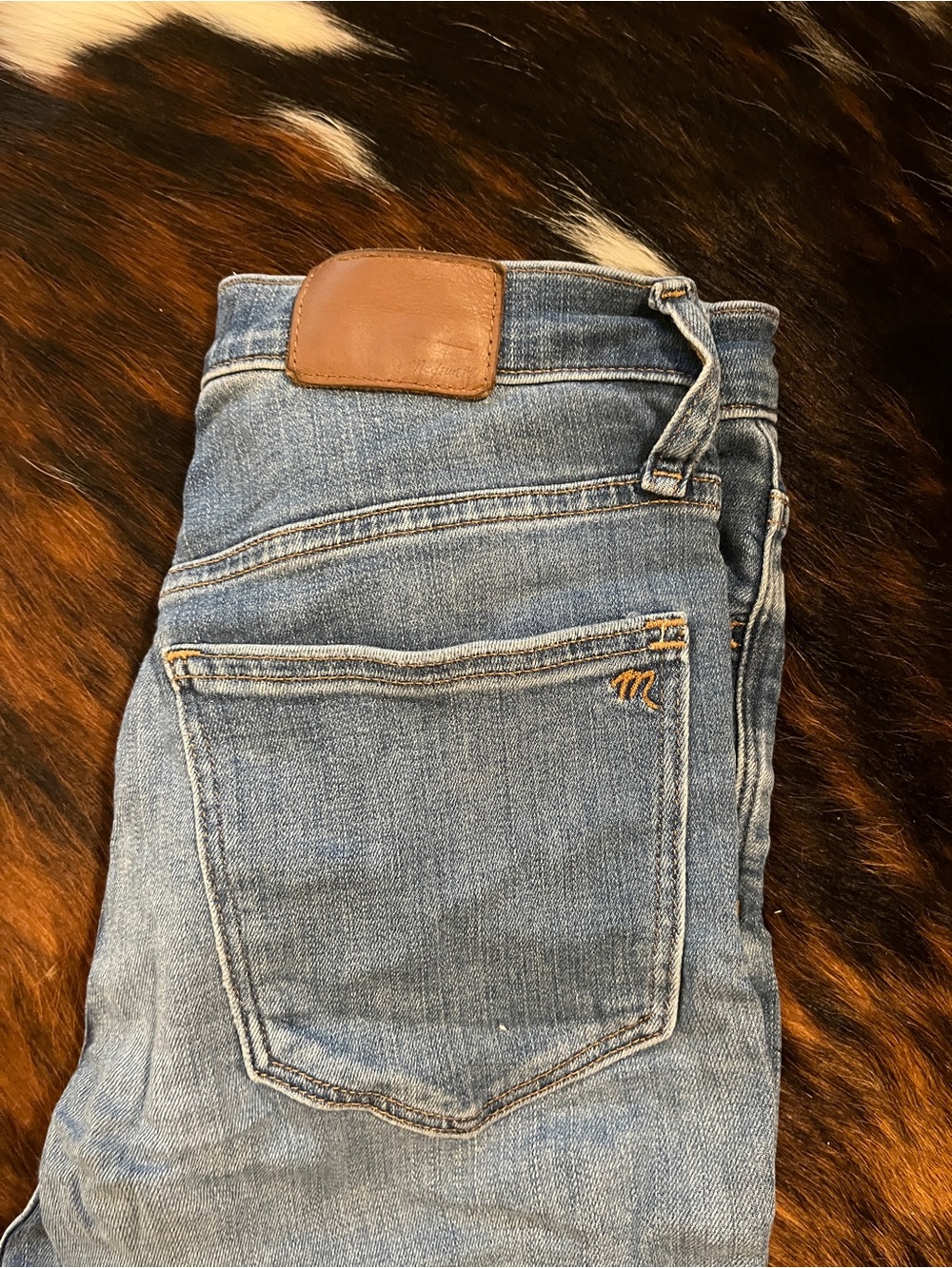 Madewell Light Blue Skinny Jeans with Brown Leather Patch